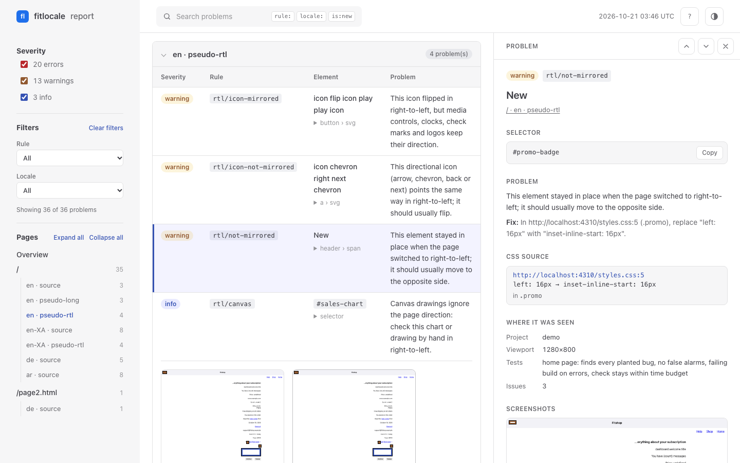 A fitlocale report: filters and pages in the sidebar, a list of problems with one selected, and a panel with that problem's selector, CSS source and where it was seen